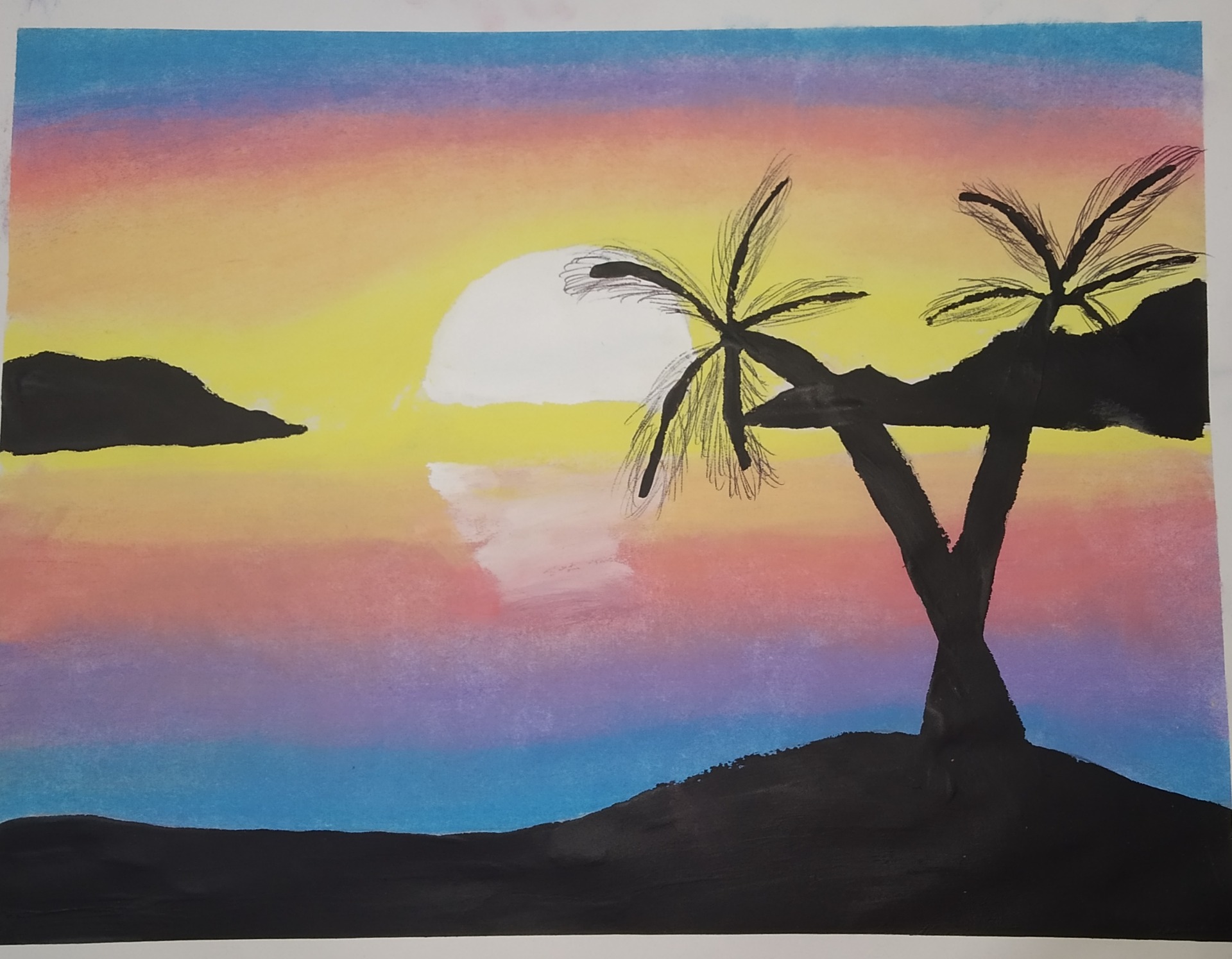 Chill. Gises y Acrílico. Diego  Pérez Martínez . Escoji estas dos tecnicas por que fueron con las dos que mas me senti comodo a la hora de dibujar ya que los gises me ayudaban a dar ese tono de desgradacion de colores que buscaba dar al pintar un atardecer y el acrilico a darle esa firmeza de color a la obra.