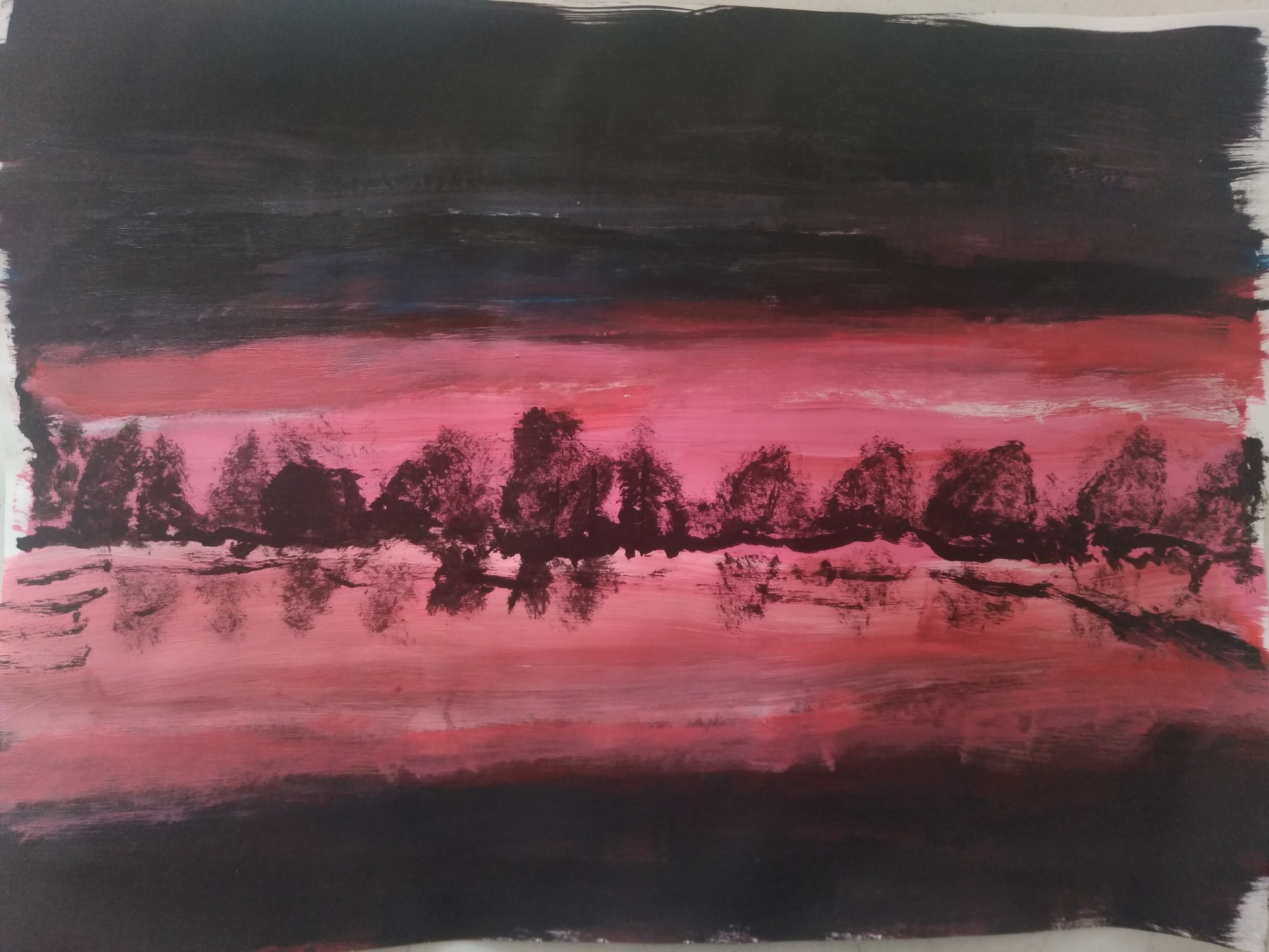 Atardecer en el Bosque. Acrílico. Rodrigo Peña Morales. Realicé esta obra porque me gustan los atardeceres y la idea la tomé de dos lugares el atardecer de una imagen de internet y el bosque lo saque de una foto la cual tomé hace 2 años.