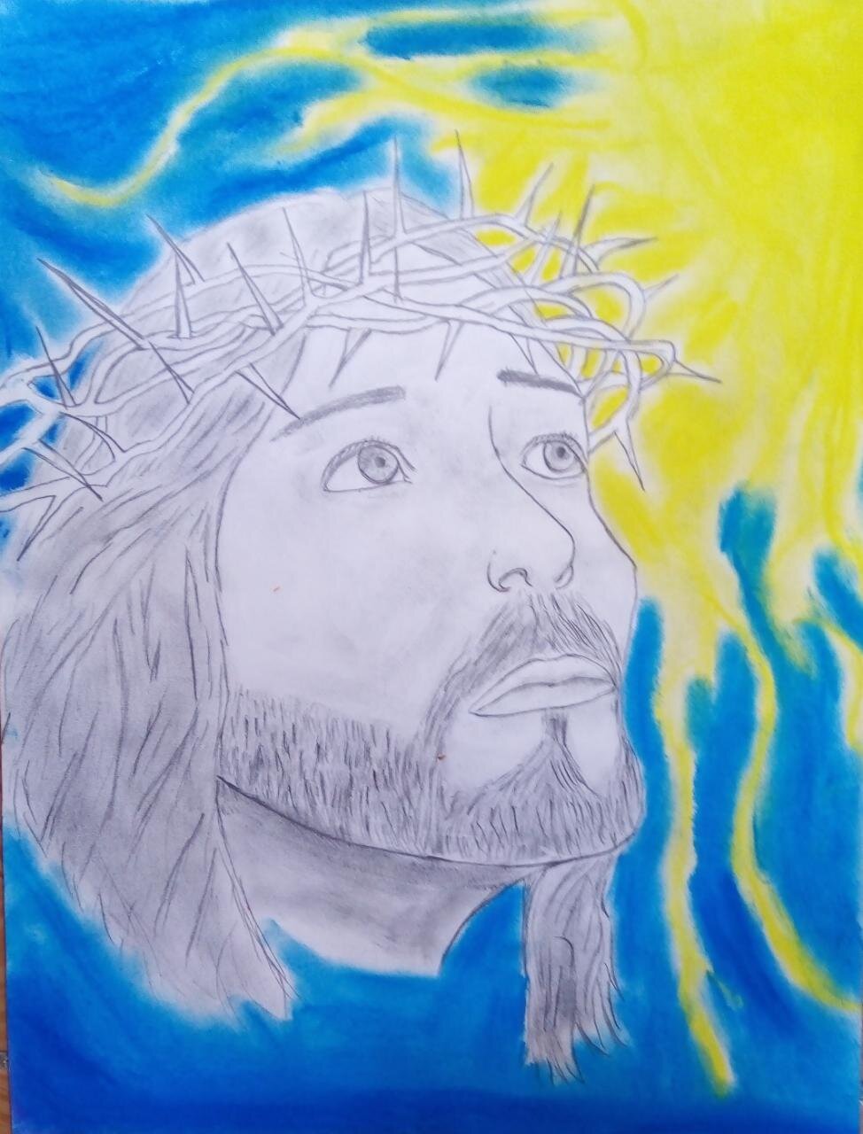 “una mañana” pastel y trazos en lápiz. Einar Salomón Velázquez Olvera. hice esta obra para expresar como veía a Jesucristo y porque queria hacer un rostro y el de Jesús era uno que podía familiarizar